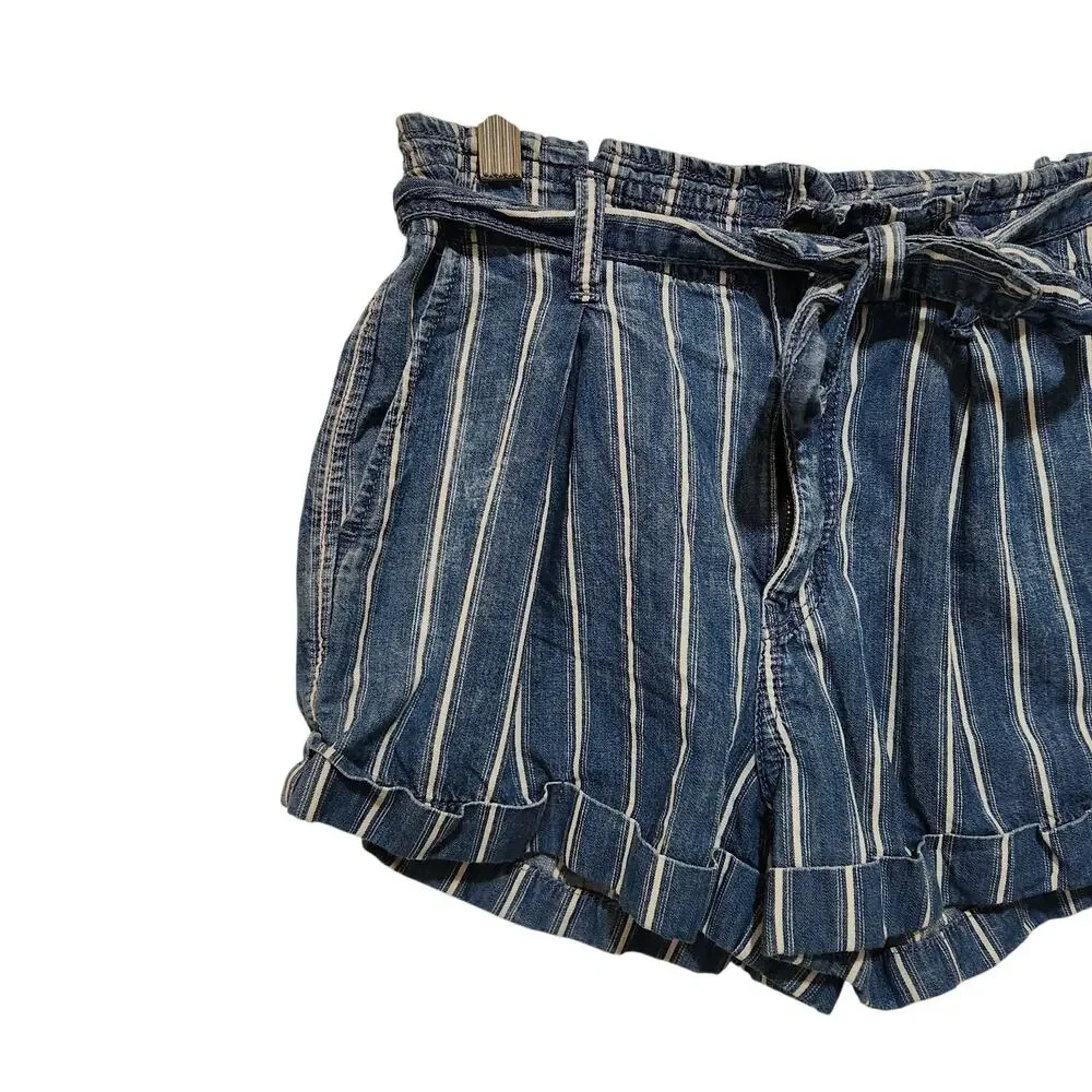 American Eagle Blue Striped Denim Belted Pleated Cotton Paperbag Shorts Size 4